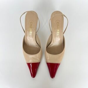 Chanel classic sling back heels in beige with a red pointed toe size US 8.5